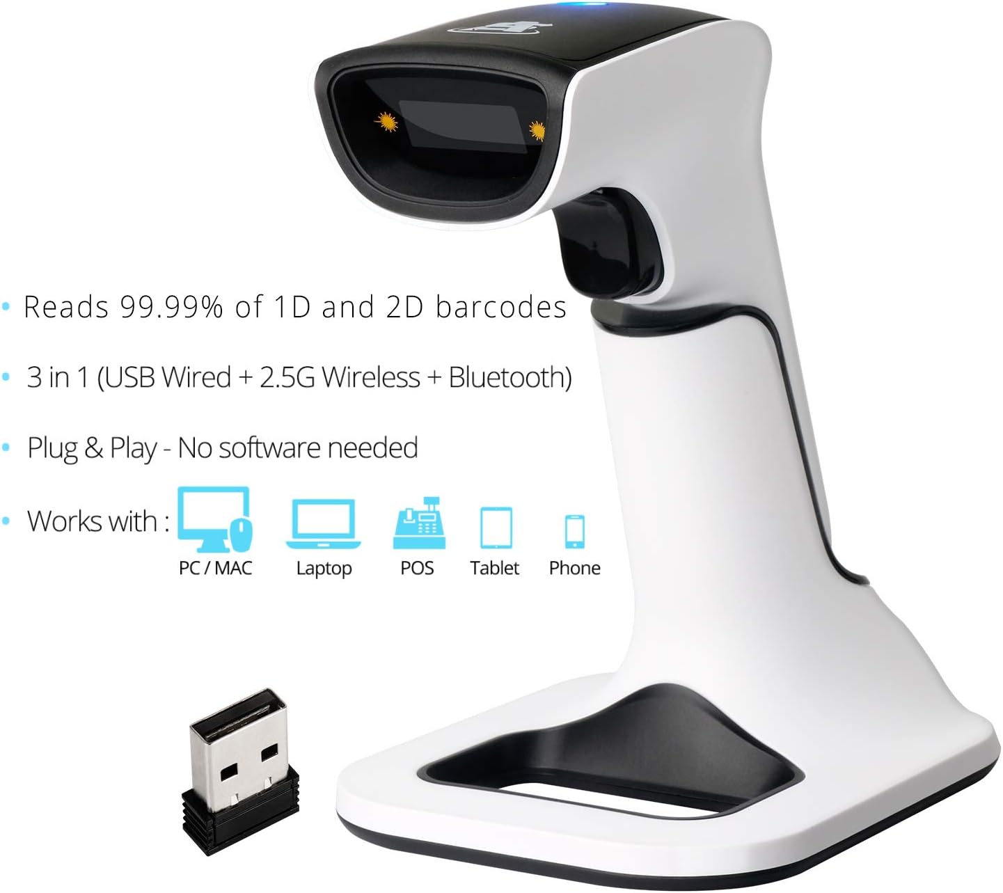 ScanAvenger Wireless Portable 1D&2D with Stand Bluetooth Barcode Scanner: 3-in-1 Handheld Scanner, Rechargeable Battery for Inventory - USB Bar Code/QR Reader (1D&2D with Next Gen Stand)