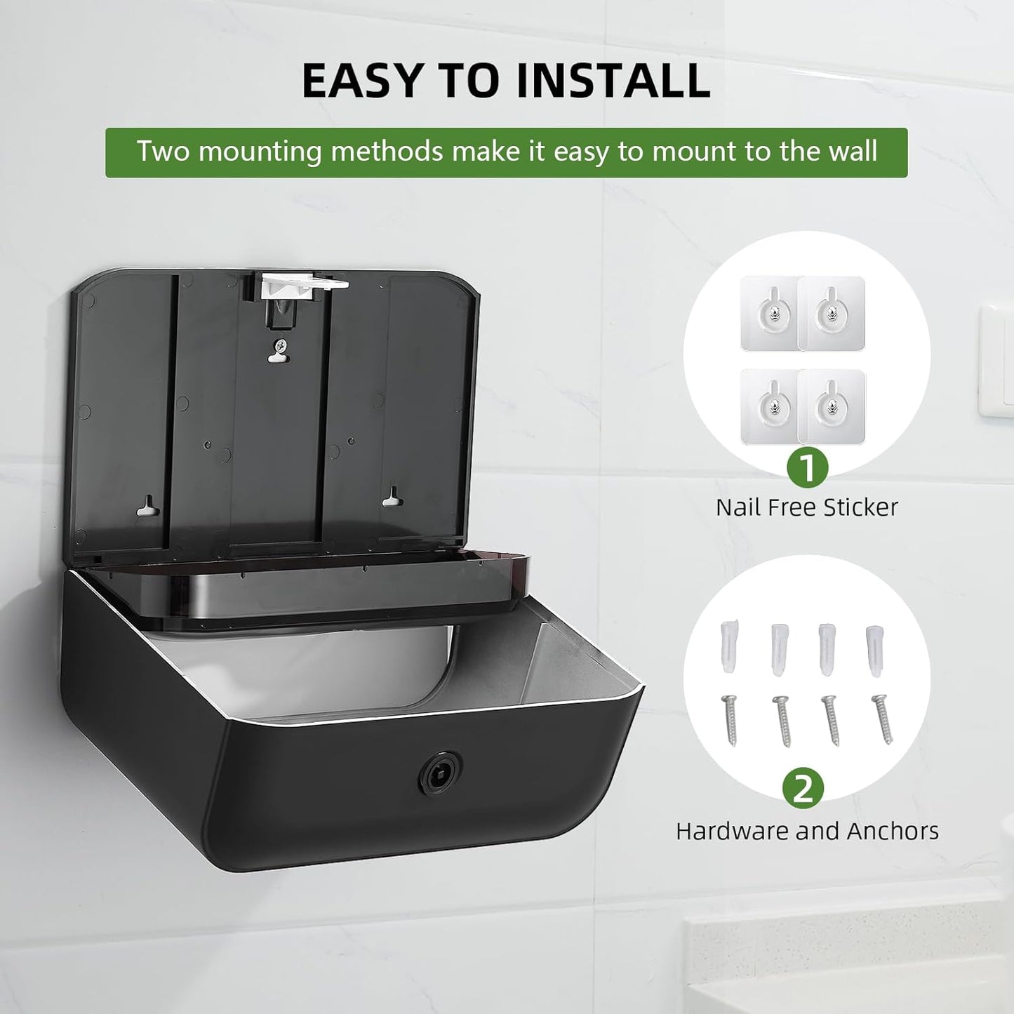 Wall Mount Paper Towel Dispensers, Multifold Paper Towel Dispenser with Smart Lock, Adhesive No Drilling Install, Hand Towel Holder for Home Bathroom,Restroom, Office (Black)