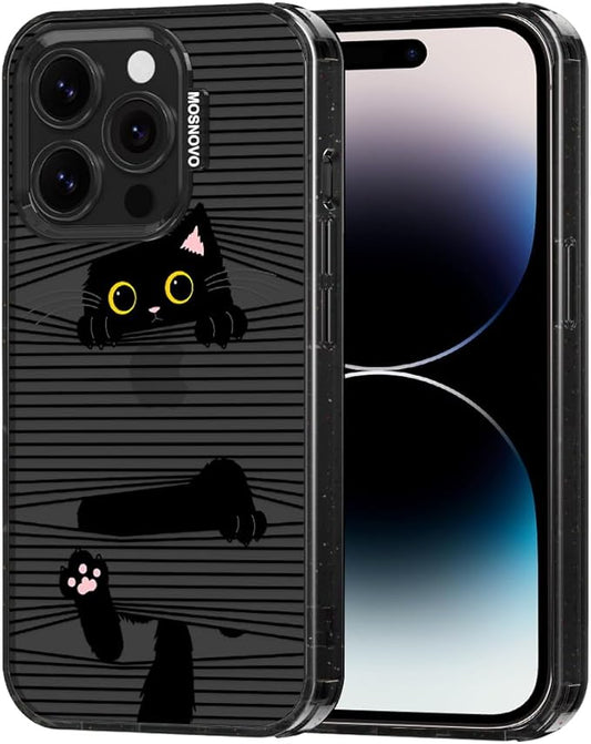 MOSNOVO Case for iPhone 14 Pro, [10ft 4X Military-Grade Drop Protection] Durable & Shockproof Phone Case Cover Design for iPhone 14 Pro - Hidden Black Cat - Clear Black