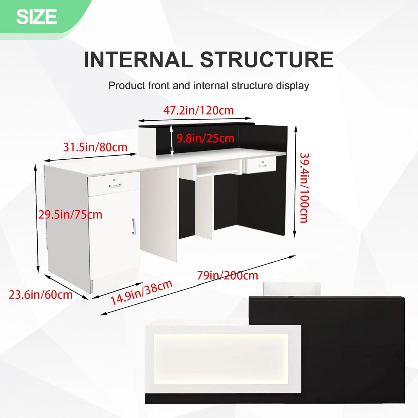 Modern Reception Desk with Counter and Drawer Office Front Desk with Cabinet Wooden Commercial Reception Table Checkout Counter for Retail Salon Lobby Black and White Right 79inch/200cm