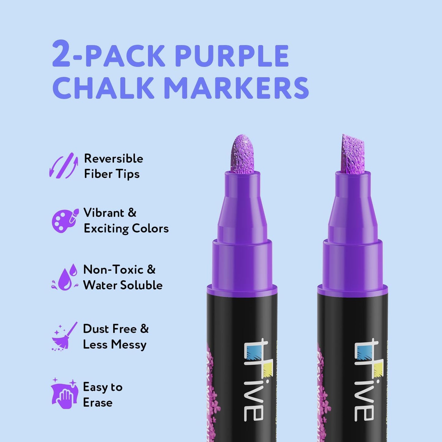 TFIVE Purple Liquid Chalk Markers - 2 Pack Bright Colors Erasable Chalk Marker Pens, Reversible Tip, Non-Toxic, for Chalkboards, Signs, Glass, Easy to use Chalk markers TF800