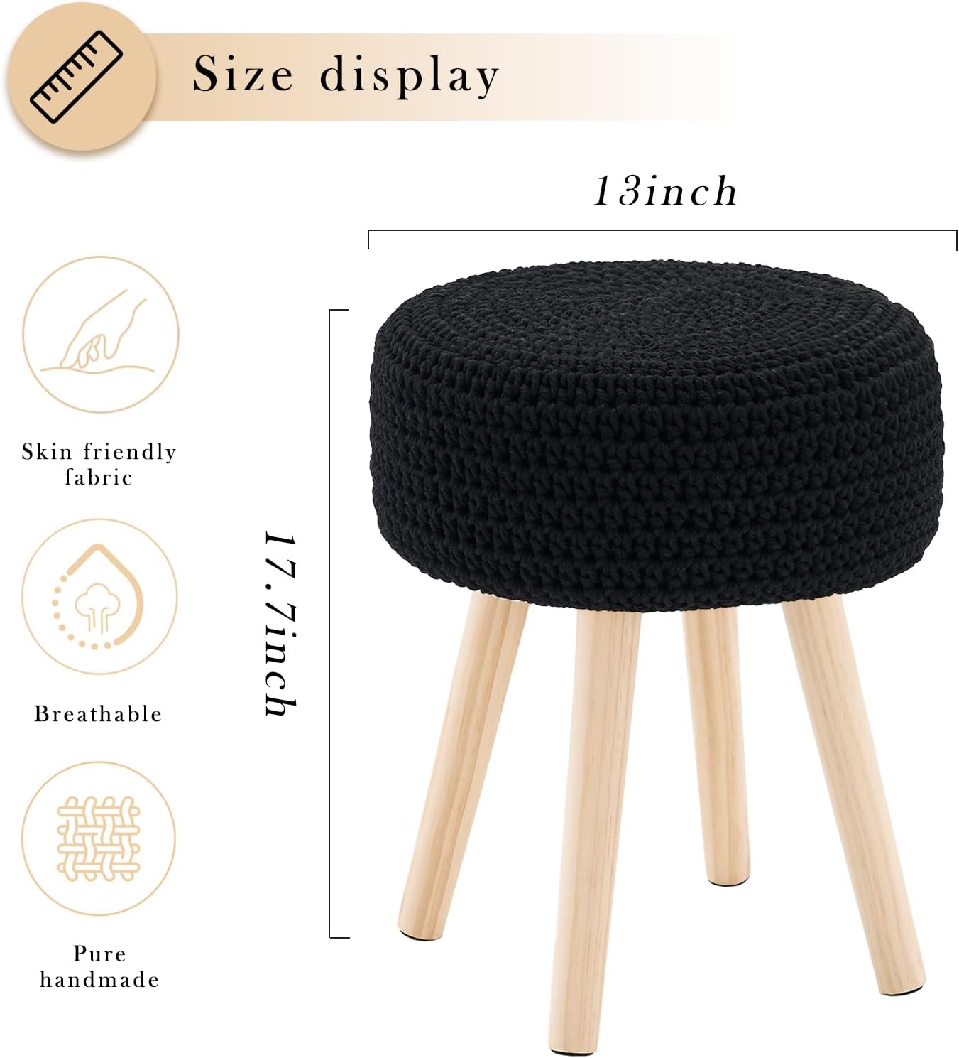 Cotton Knitted Ottoman Round Vanity Stool Modern Footstool Ottoman Footrest with Non-Skid Wood Legs for Living Room Bedroom Black