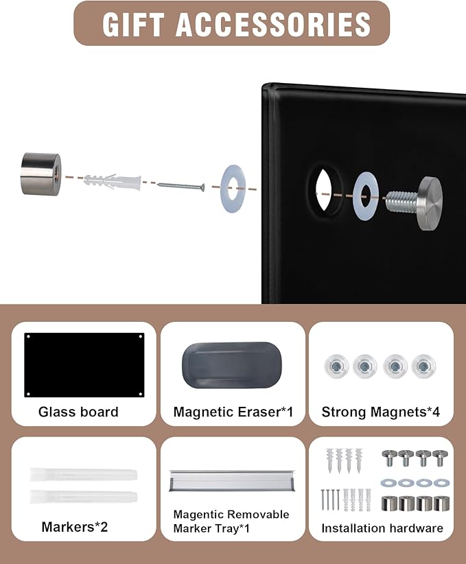 Magnetic Glass Whiteboard，60"x48" Wall Mounted Frameless Dry Erase Board for Office, Home & School Black