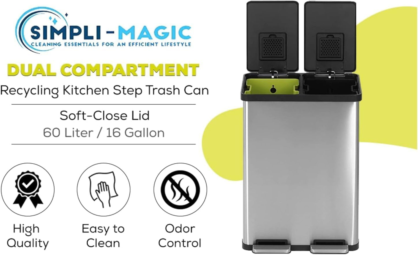 SIMPLI-MAGIC 16 Gallon (38L x 22L) Dual Compartment Step Trash Can – Kitchen Garbage Can with Waste & Recycling Bins – Slow-Close Lid, Odor Control, Hands-Free, Inner Bases, Brushed Stainless Steel