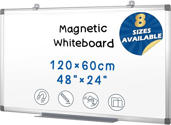 SWANCROWN Magnetic Dry Erase Board 48 x 24 Inches - Large White Board, Silver Aluminum Frame, 4' x 2' Writing Whiteboard for Walls, Home Office, School, Studio