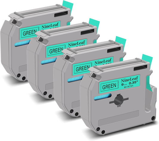 NineLeaf 4 Pack Compatible for Brother P-Touch M Label Tape MK721 M-K721 M721 Black on Green 3/8" (9mm) x 26.2ft (8m) Labeling Refill Cartridge Work in PT-45M PT-65 PT-70 PT-80 PT-M95 Label Maker