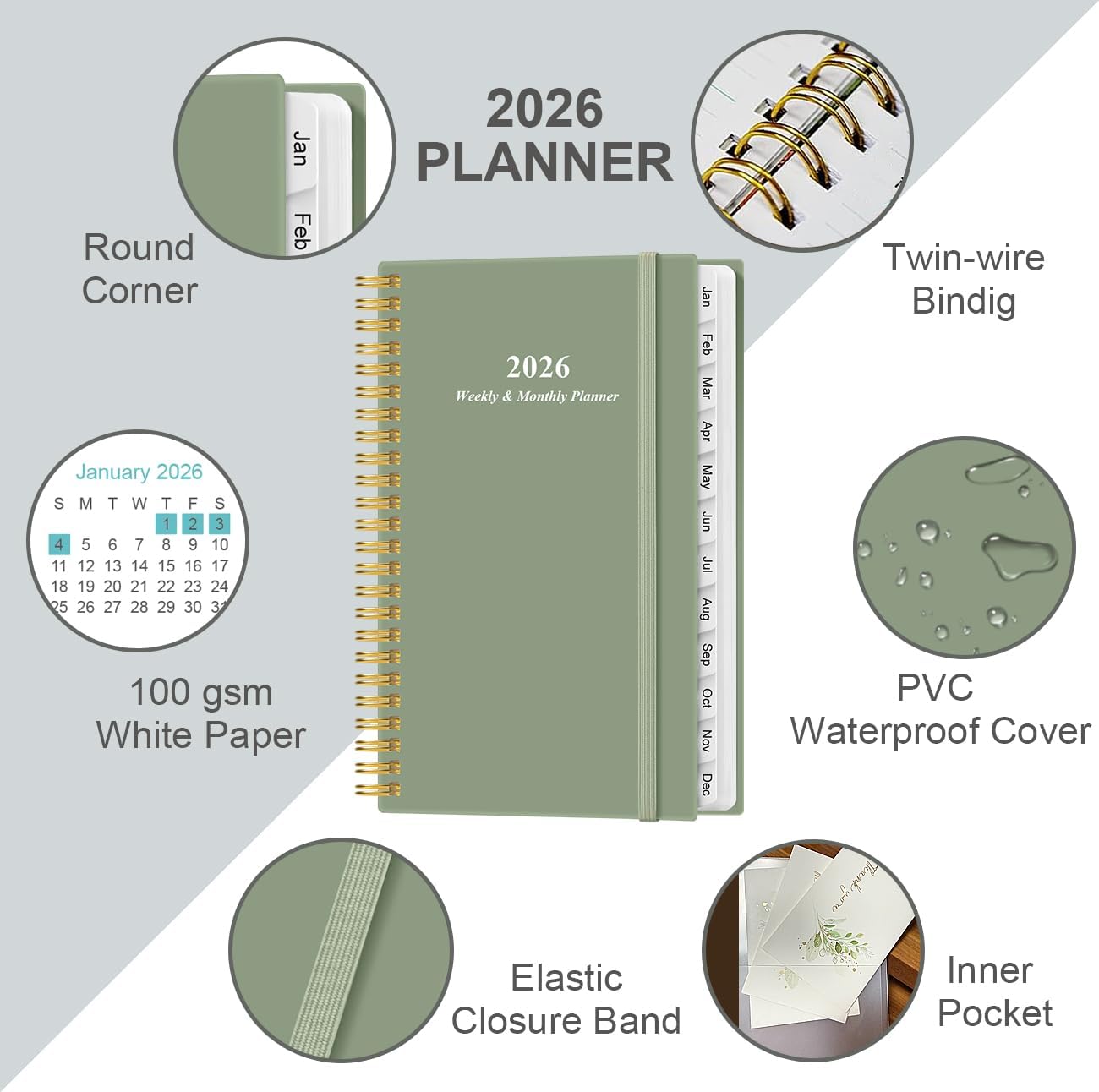 2026 Pocket Planner/Calendar - Planner from January 2026 - December 2026, Planner 2026 with 12 Tabs, Twin-Wire Binding, Inner Pocket, 3.75" x 6.75", Green