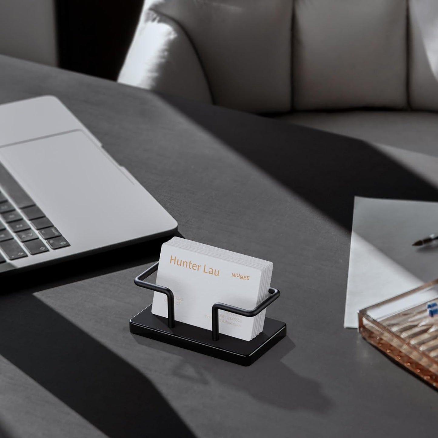 NIUBEE Acrylic Business Card Holder: Metal Business Card Display Stand for Desk - Frosted Gift Card Organizer for Office, Reception, Desktop (Black) - 2pack