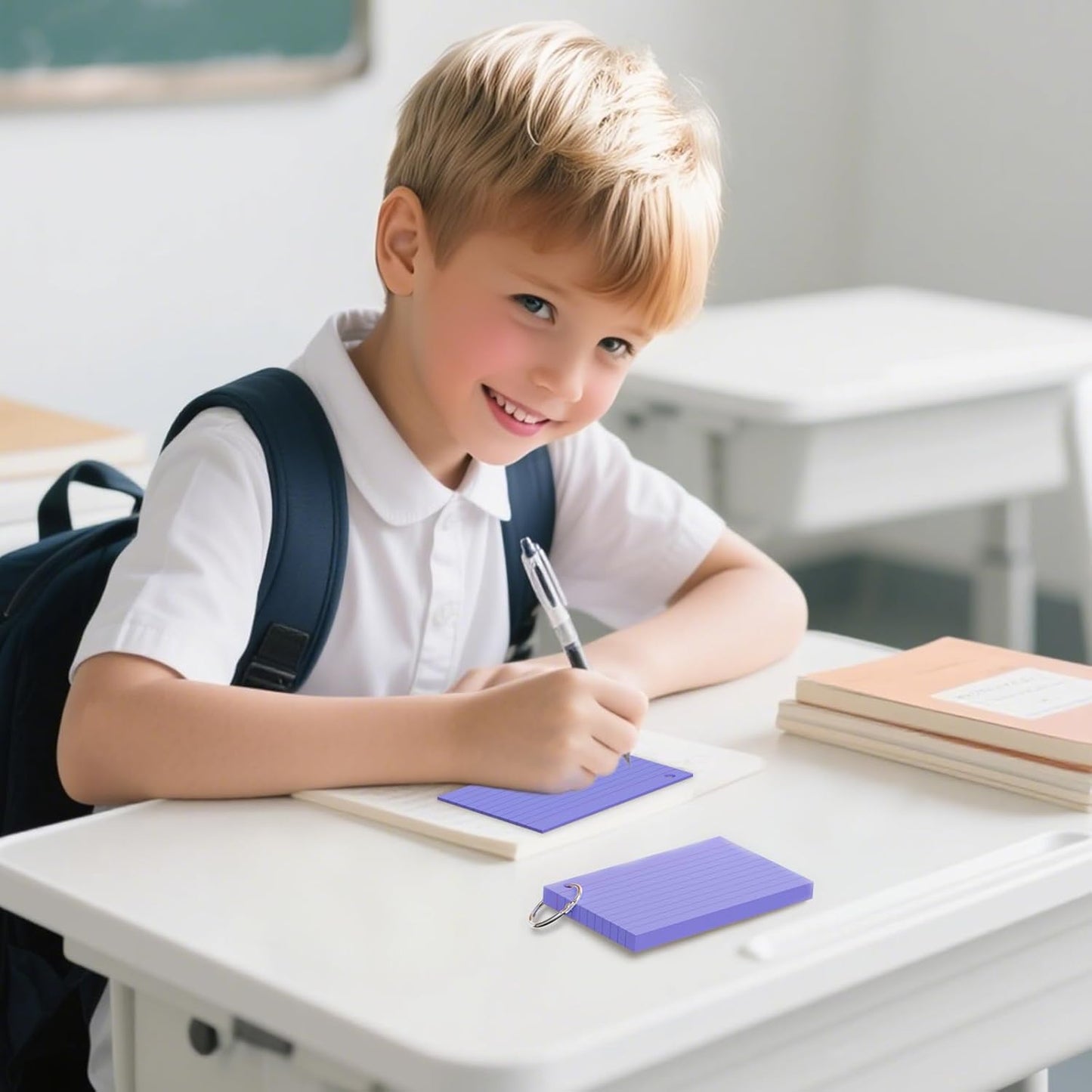 250 Count Purple Index Cards 3x5 Inch with Key Ring, Color Flash Index Card (50 Sheets Each), Durable & Portable Note Taking for Students, Teachers, Study Note Cards for Office Home School