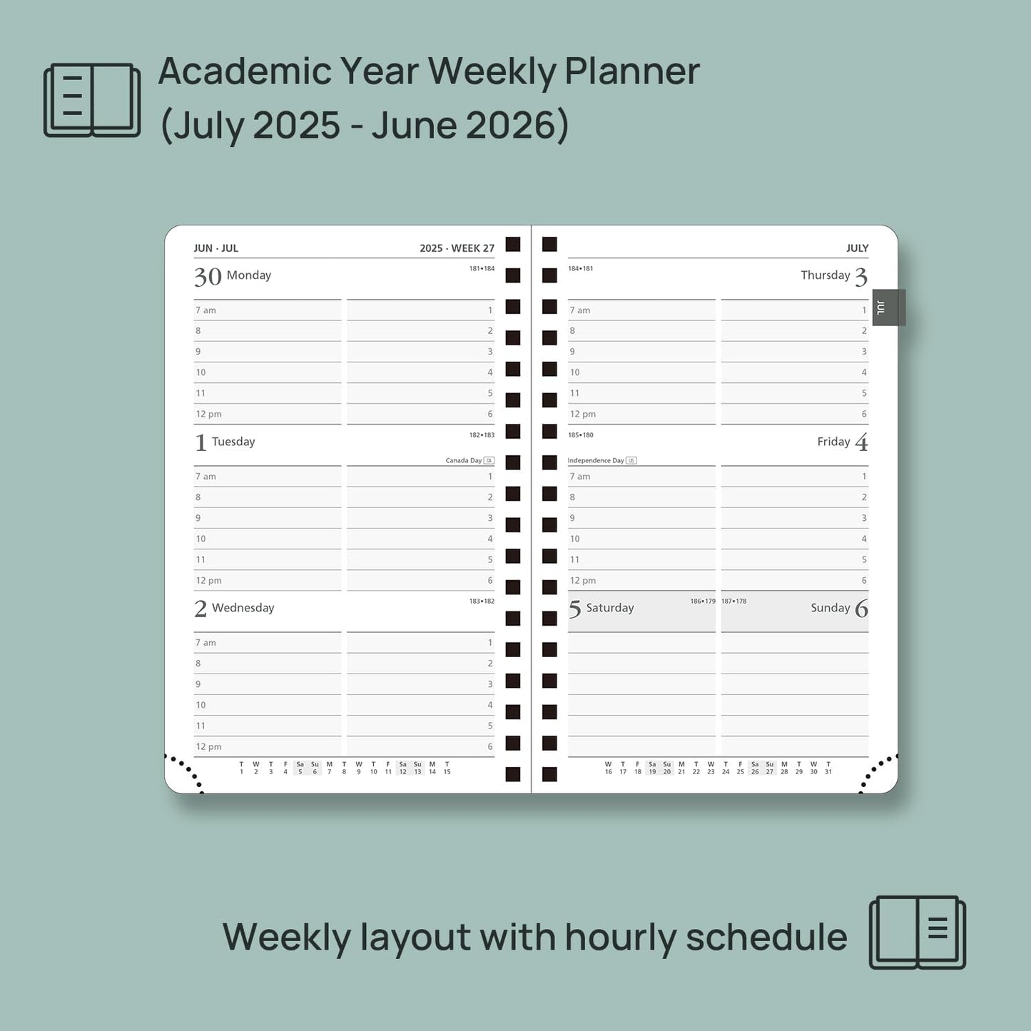 POPRUN Pocket Planner 2025-2026 (Purse Size 4'' x 6.25'') Academic Purse Calendar (July 2025 - June 2026) with Hourly Time Slots, 100GSM Thick Papers, Spiral Leather Cover - Blue Green
