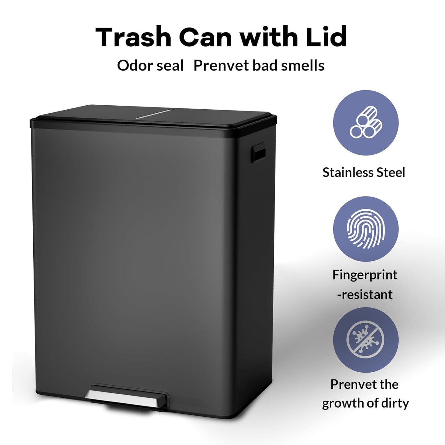 Dual Trash Can with Lid, 16 Gallon/60L Stainless Steel Recycling Trash Bin with 2 Removable Waste Buskets and Wide Pedal, Black Garbage Bin for Home Kitchen