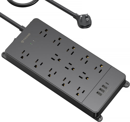 TROND Power Strip Surge Protector 10 ft Cord, 4000 Joules, ETL Listed, 13 Widely-Spaced Outlets Expansion with USB C Ports, Low-Profile Flat Plug, Wall Mount, Extension Cord, 14AWG Heavy Duty, Black