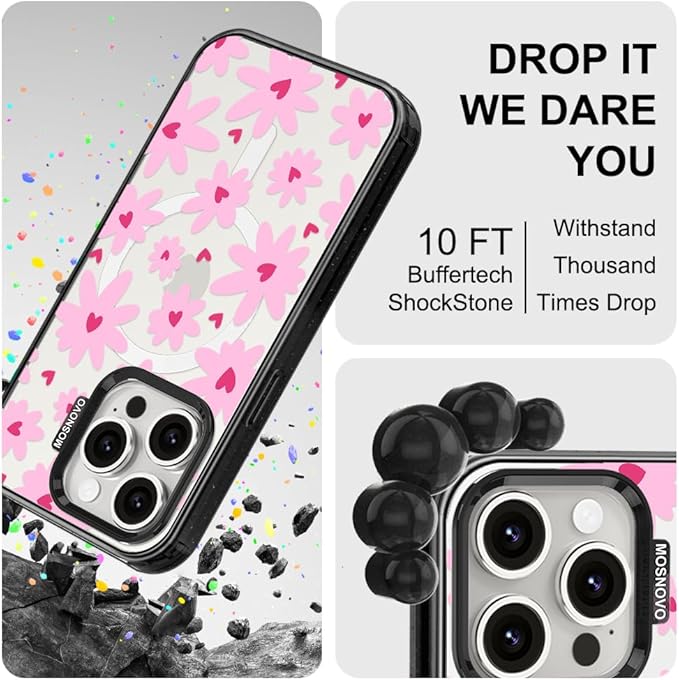 MOSNOVO Magnetic Case for iPhone 15 Pro, 10ft Military-Grade Protection, Compatible with Magsafe, Shockproof Phone Case for iPhone 15 Pro - Love in Bloom - Clear Black