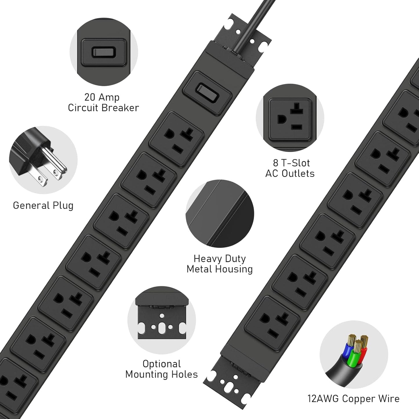 JUNNUJ Heavy Duty Power Strip Wall Mount, 20 Amp Surge Protector 1200J Metal 8 Outlet Under Desk Mounted 20A, Garage Power Table Socket Industrial Outlets 6-20R T-Slot, Black-6FT 12AWG Extension Cord