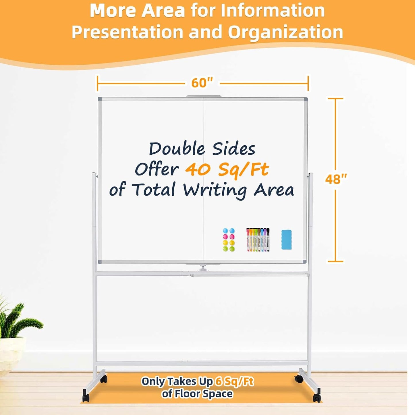 WALGLASS Rolling Whiteboard on Wheels, 60"x48" Double-Sided Dry Erase White Board with Stand, Large Magnetic Whiteboard, Giant Portable Standing Whiteboards for Office, School, Home, Classroom 5x4 ft