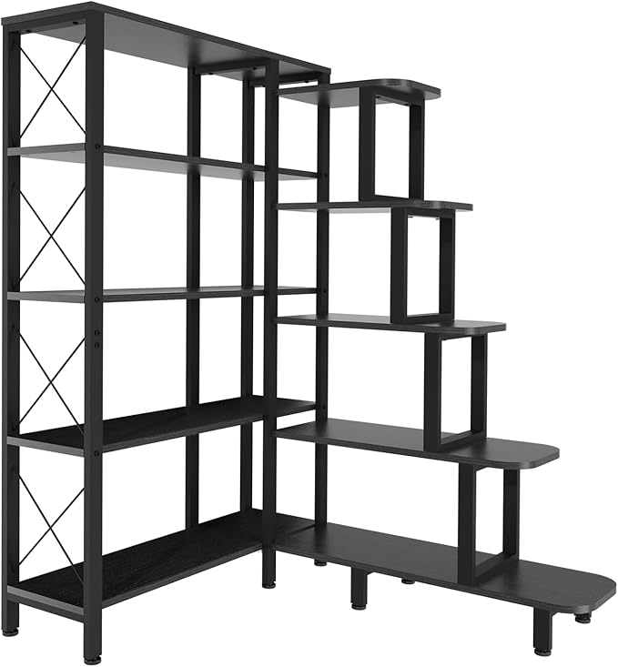 Corner Bookshelf Bookcase, Large Reversible 5 Tier Ladder Shelves Storage Display Rack with Metal Frame, Industrial Home Office Furniture for Living Room Bedroom, Black