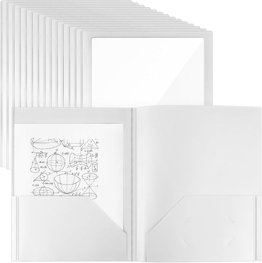 Teling 24 Pcs Plastic Folders with Front Clear Pocket and Business Card Holder 2 Pocket Folders Letter Size Paper for School Office Supplies Nice Gift for Christmas New Year School Supply (White)