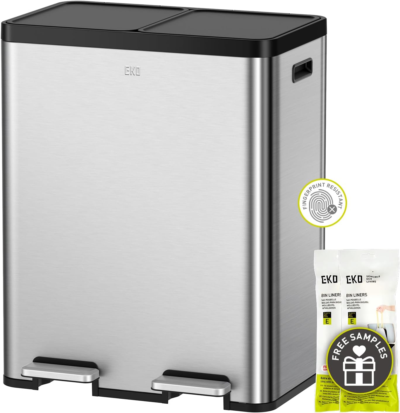 EKO Essential 8+8 Gallon Dual Trash Can, Kitchen Step Recycle Trash Can with Dual Removable Bucket, Independent Lids and Pedals, Brushed Stainless Steel