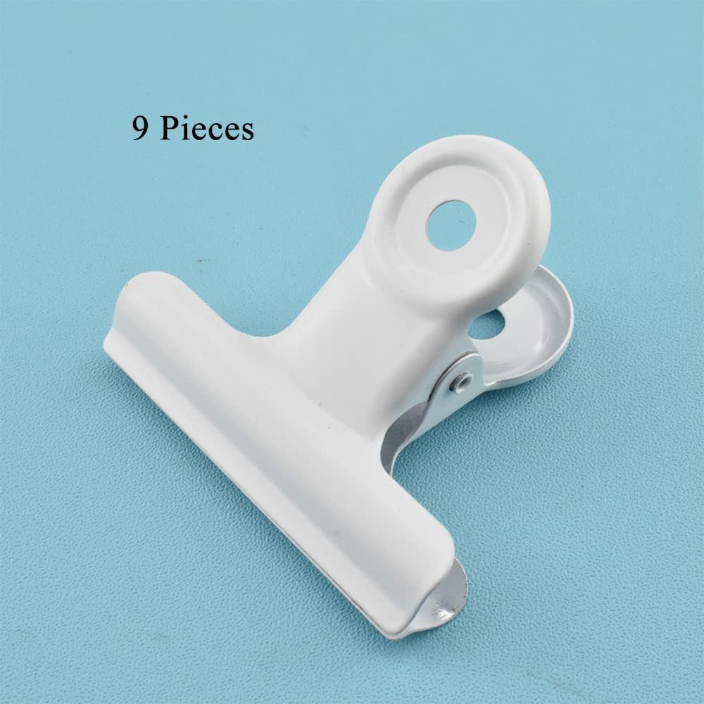 HAHIYO 2.5inch White Bulldog Clips Metal File Hinge Binder Clips Clamps Save Space Strong Spring Jaws Rock Solid Grip Book Lay Flat Deburred Edge for Hang Photos Wall Grid Dog Food 9PCS