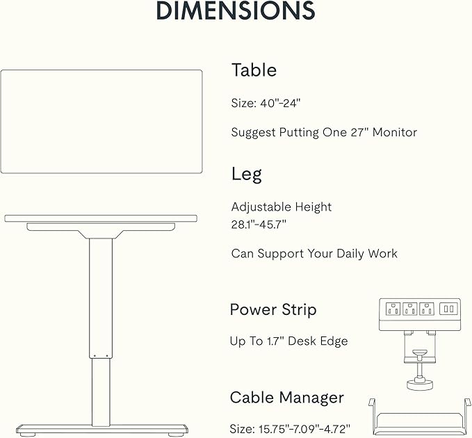 FLEXISPOT EN2 Whole-Piece Standing Desk with Clamp Power Strip, 40 x 24 Electric Stand Up Height Adjustable Desk with Cable Management (White Frame + 40" White Top)