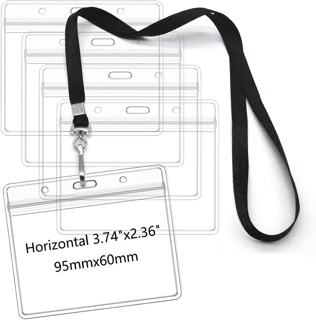 Lanyards with Id Holder Name Badges Waterproof Name tag Badge Holders with Neck Lanyard Swivel J-Hook Clip 50 Pack (Black, Horizontal)