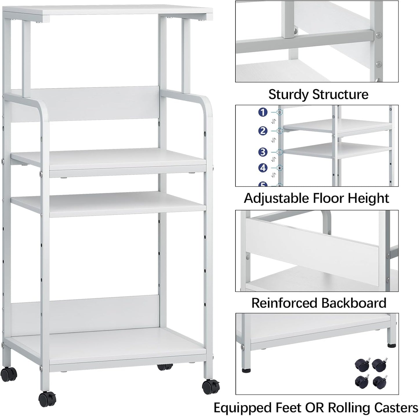 4 Tier Printer Stand with Storage Shelf, Large Tall Printer Cart with Wheels, Mobile Printer Table for Home Office, Adjustable Stands for Printer Heat Press Scanner Fax (White)