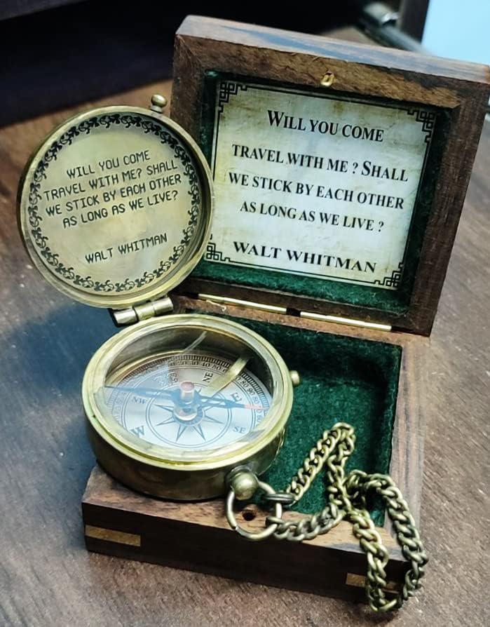 Will You Come Travel With Me? Shall We Stick By Each Other As Long As We Live? Vintage Quote Brass Compass with Wooden Box Scripture-WALT WHITMAN, Gifts Idea, Girls/Boys, Lovers, Husband, Wife, Fiancé