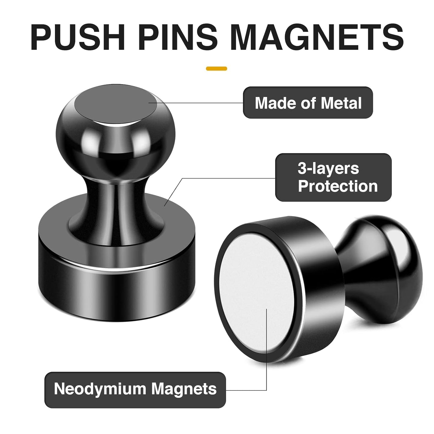 MIKEDE Fridge Magnets, 15Pcs Strong Neodymium Push Pins for Whiteboard, Black Refrigerator Magnets for Office, School, Classroom, Kitchen