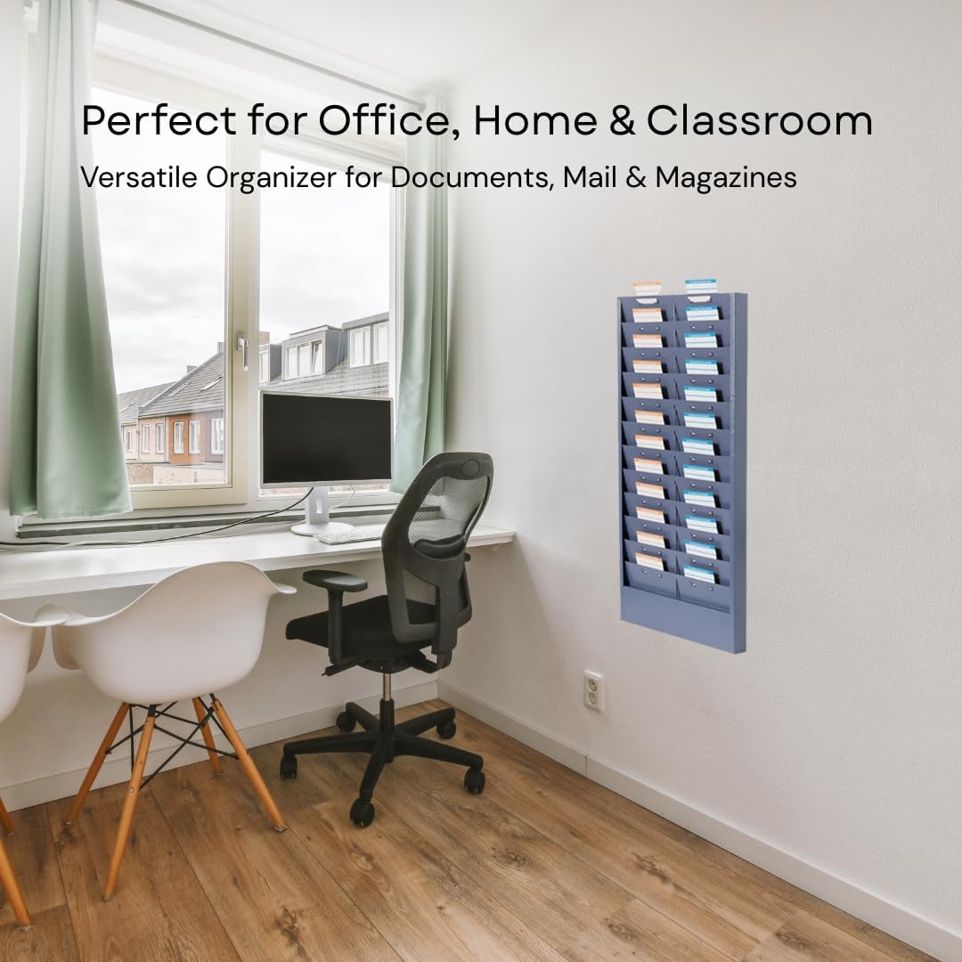 Wall Mount File Organizer, Metal Job Ticket Holder with 11/22 Adjustable Pockets, Durable & Versatile Hanging Wall Organizer for Office & Home - Grayblue