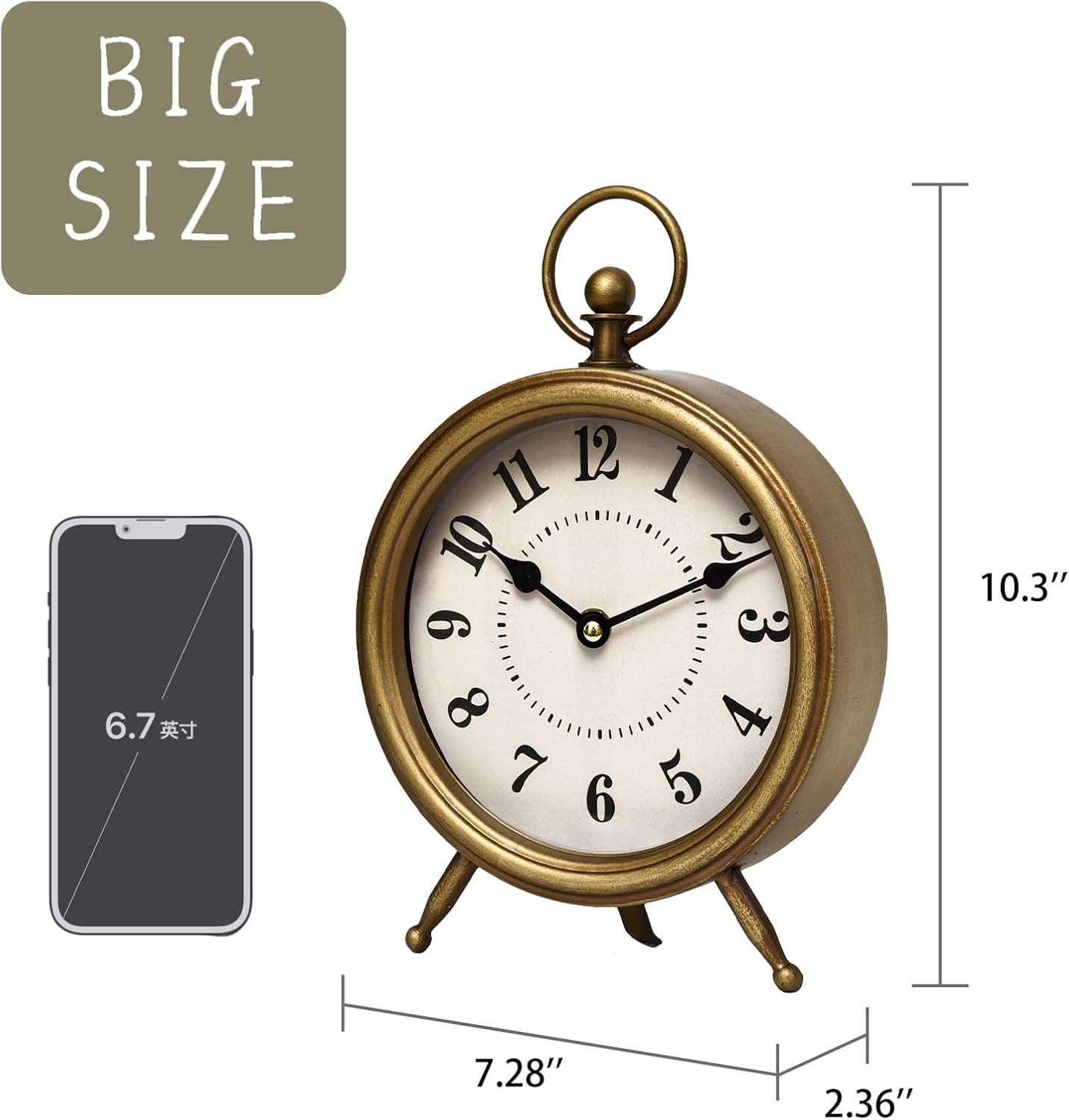 Antique Gold Finish Mantel Clock – Vintage Gold Table Clock on Stand, Decorative Desk and Shelf Clock, Rustic Mantel Clock Non-Ticking 10.3 * 7.3 inch