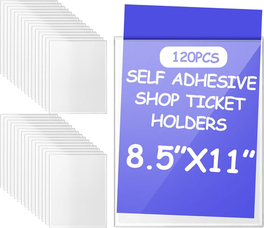Outus Self Adhesive Shop Ticket Holders Clear Plastic Sleeves Adhesive Pockets Work Order Job Ticket Holders for Home Office Posting Signs(8.5 x 11 Inch,120 Pcs)