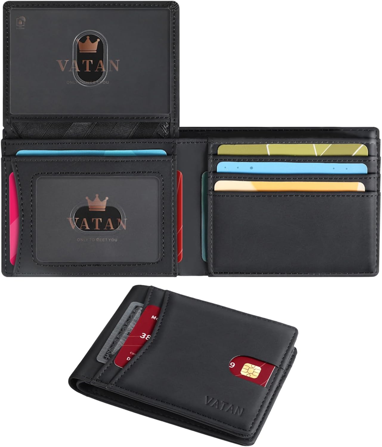 VATAN Wallet for Men, Mens Minimalist Wallet Credit Card Holder, Slim Leather Rfid 2 ID Window Large Capacity With Gift Box (Crazy Horse Black)