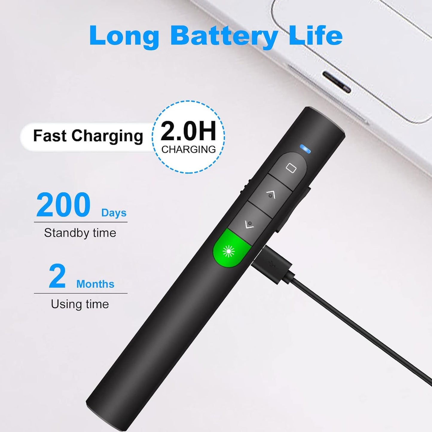 Rechargeable Presentation Clicker Wireless Presenter - Clicker for PowerPoint Presentations, Green Laser Pointer for Presentations RF 2.4GHz Google Slide Advancer for Mac/Computer/Laptop/Keynote