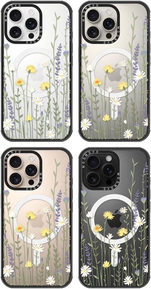 MOSNOVO Magnetic Case for iPhone 16 Pro Max, 10ft Military-Grade Protection, Compatible with Magsafe, Shockproof Phone Case for iPhone 16 Pro Max - Wild Meadow - Clear Black