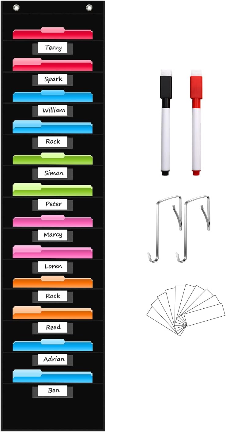 REGELETO 12 Pockets Storage Pocket Chart with 12 Nametag Pockets,Hanging Wall File Organizer for Classroom and Office, Organize Your Assignments, Files, Scrapbooks, Paper (Black)