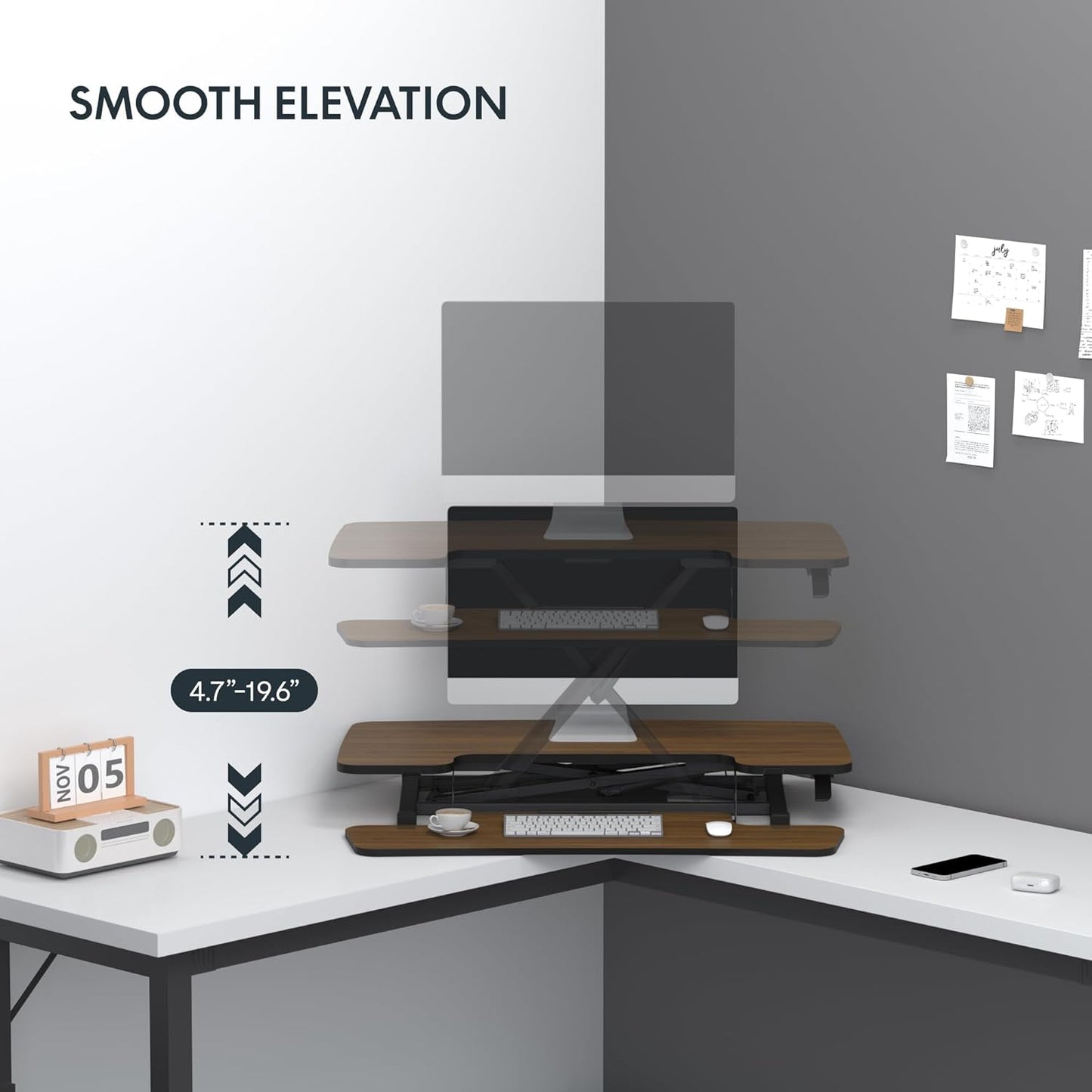 FLEXISPOT Standing Desk Converter 36in Sit to Stand up Riser Height Adjustable Monitor and Laptop Workstation with Spacious 2-Tier Desktop, Walnut Color