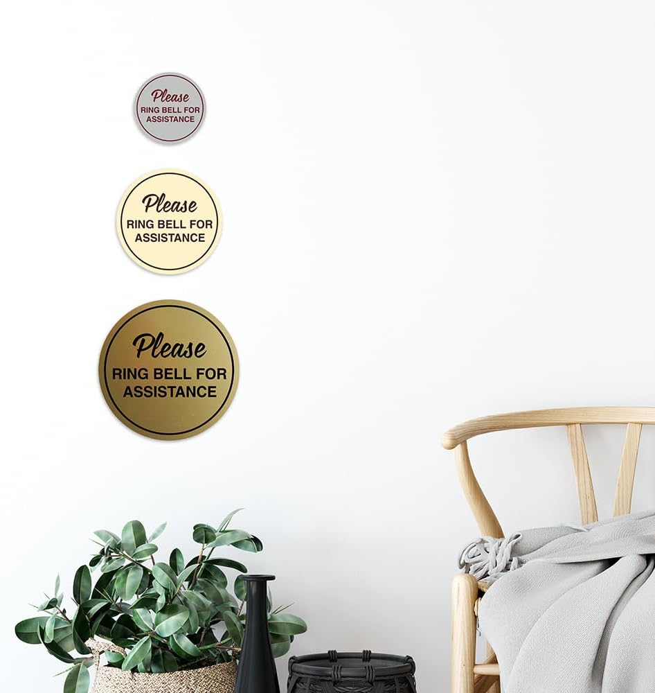 Signs ByLITA Circle Please Ring Bell For Assistance Wall or Door Sign | Easy Installation | Front Desk Reception Sign (Brushed Gold) - Large (2 Pack)