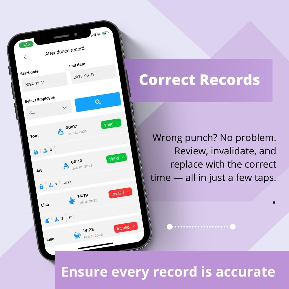 App-Based Time Clock – Fingerprint Attendance for Small Business, iOS/Android Compatible, No Monthly Fee, Includes 10 IC Cards