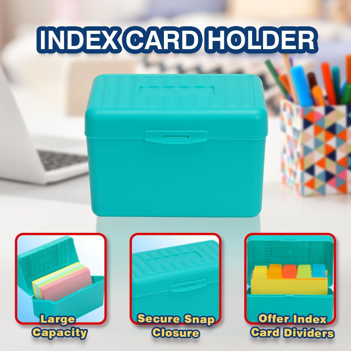 H4D Index Card Holder 4x6 Inches with 25 Plastic Dividers, Teal