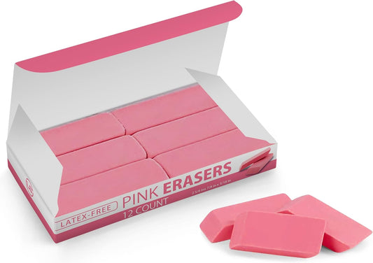 Pink Erasers, Erasers for Kids, Rubber Eraser, 12 Count, Erasers Bulk for School Supplies, Art, and Office Use