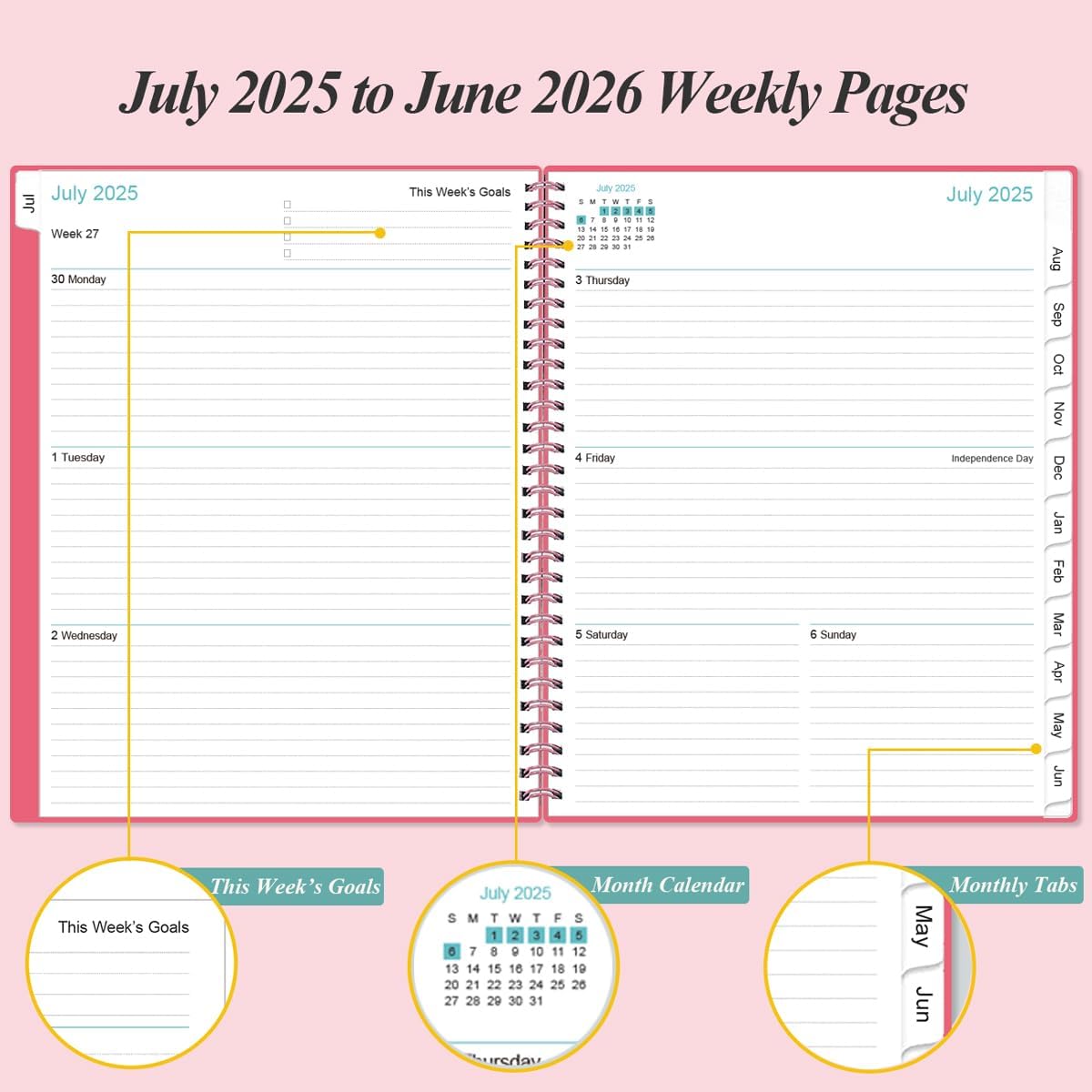 Planner 2025-2026 - Academic Planner 2025-2026 from July 2025 to June 2026 with 12 Monthly Tabs, Flexible Cover, Inner Pocket, 8.5" x 11", Pink