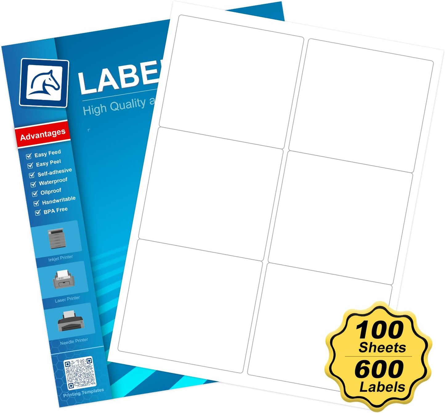 Printable Shipping Labels 3-1/3" x 4", White Blank Mailing Labels, Mailing Shipping Label（100 Sheet, 600 Labels）