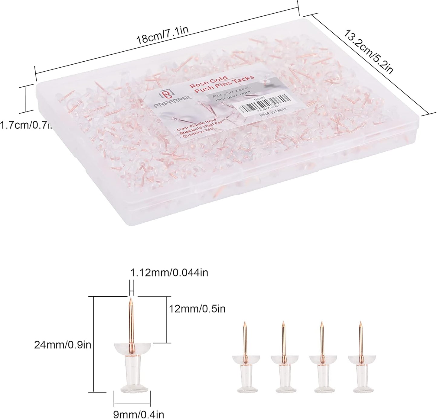 PAPERPAL 280 Rose Gold Push Pins for Cork Board, Clear Thumb Tacks for Wall Hangings, Pushpins for Office School & Personal Use, Standard Size Push Pin Tacks