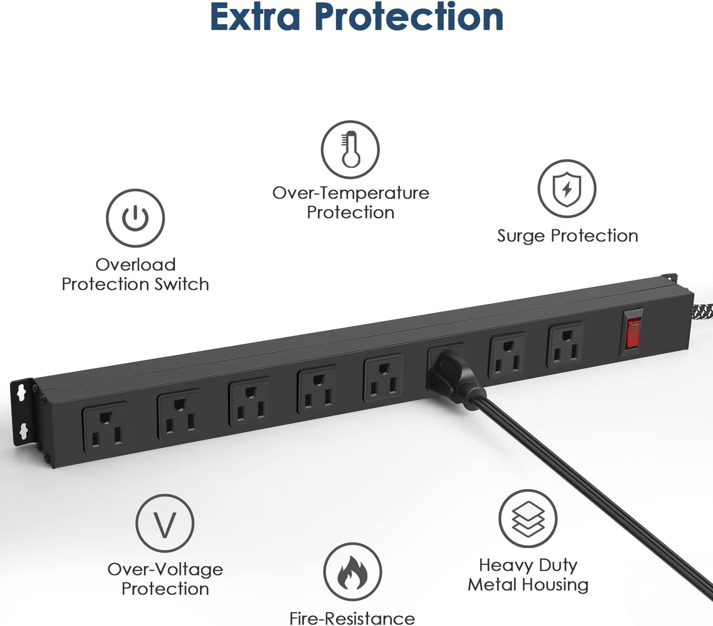 Metal 8 Outlet Mountable Power Strip with Switch,Wide Spaced Heavy Duty Wall Mount Power Strip Surge Protector 1200J,3FT 14AWG Braided Cord 15A 125V 1875W for Home Office Industrial Garage Commercial