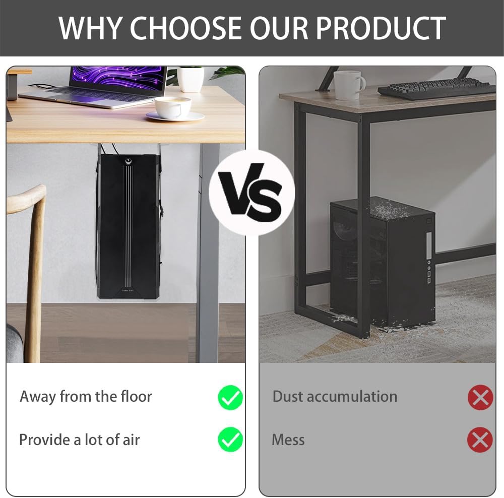 Under Desk PC Mount with Anti Scratch Sponge, Adjustable CPU Holder Bracket for Computer Tower (Black, Fixed)