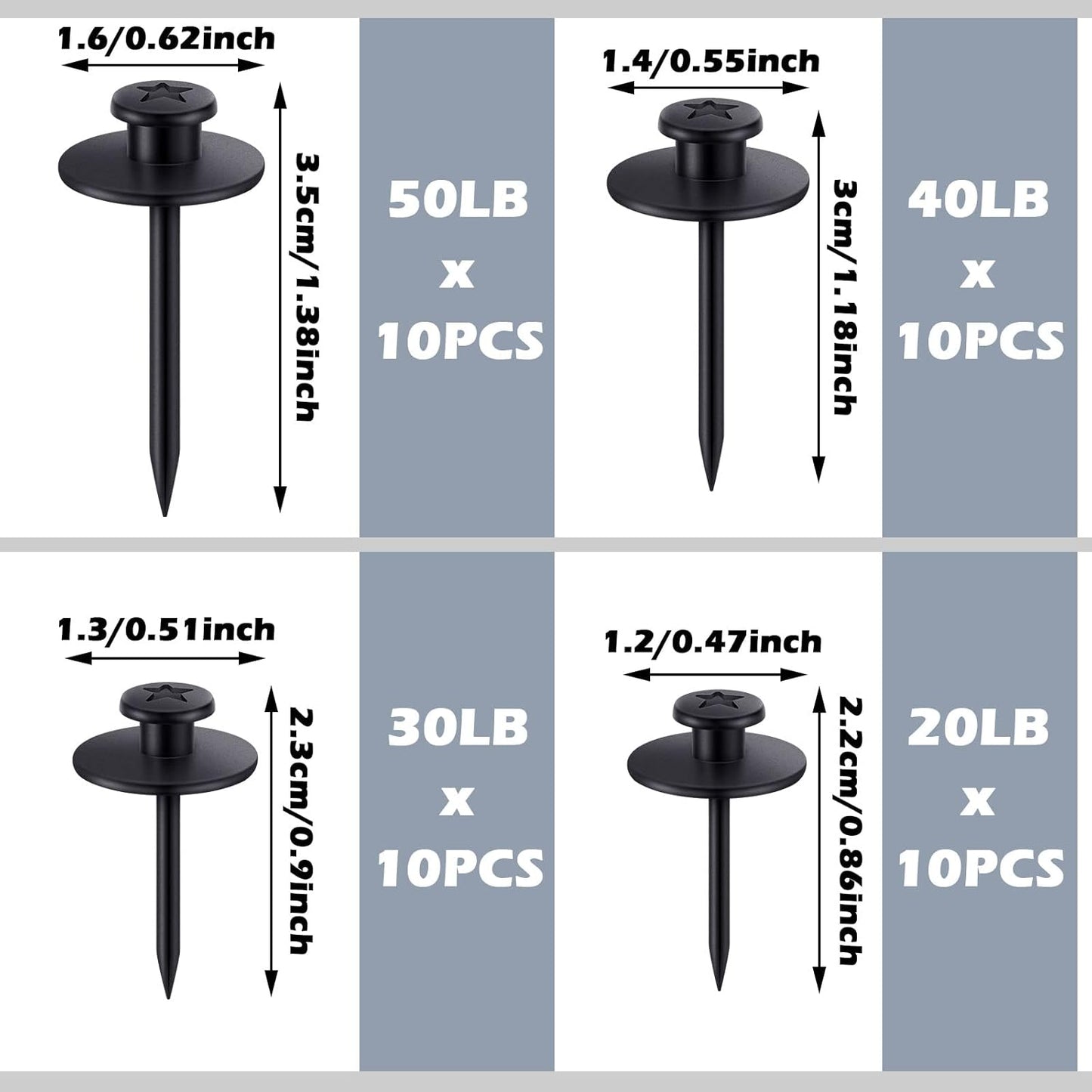 Zhengmy 40 Pcs Double Headed Picture Hangers Nails 4 Size Long Thumb Tacks Wall Nails for Hanging Pictures Decorative Push Pins Hooks for Drywall Photo Office Home Decor, 20/30/ 40/ 50lb(Black)