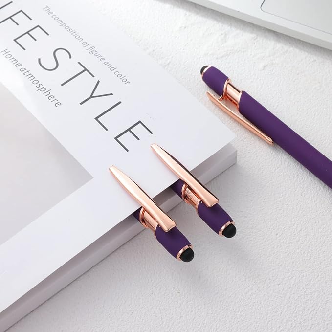 12 PCS 2 in 1 Stylus Ballpoint Pen with Stylus Tip, 1.0 mm Black Ink Metal Pen Stylus Pen for Touch Screens (Rose Gold & Purple)