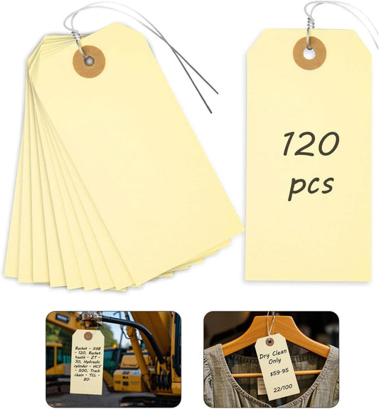 SallyFashion Tags with Metal Wire Attached, 120 PCS Blank Manila Pricing Tags for Labeling, Equipment Shipping Labels with String for Luggage Garage Clothing Inventory, 4 3/4" x 2 3/8"