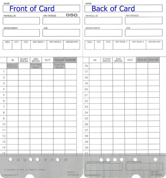 50 Time Cards for uPunch HN2000, HN2500, HN4000, HN4500 AutoAlign Calculating Time Clock and More HNTC2 UPTC2000 COMPUMATIC Compatible