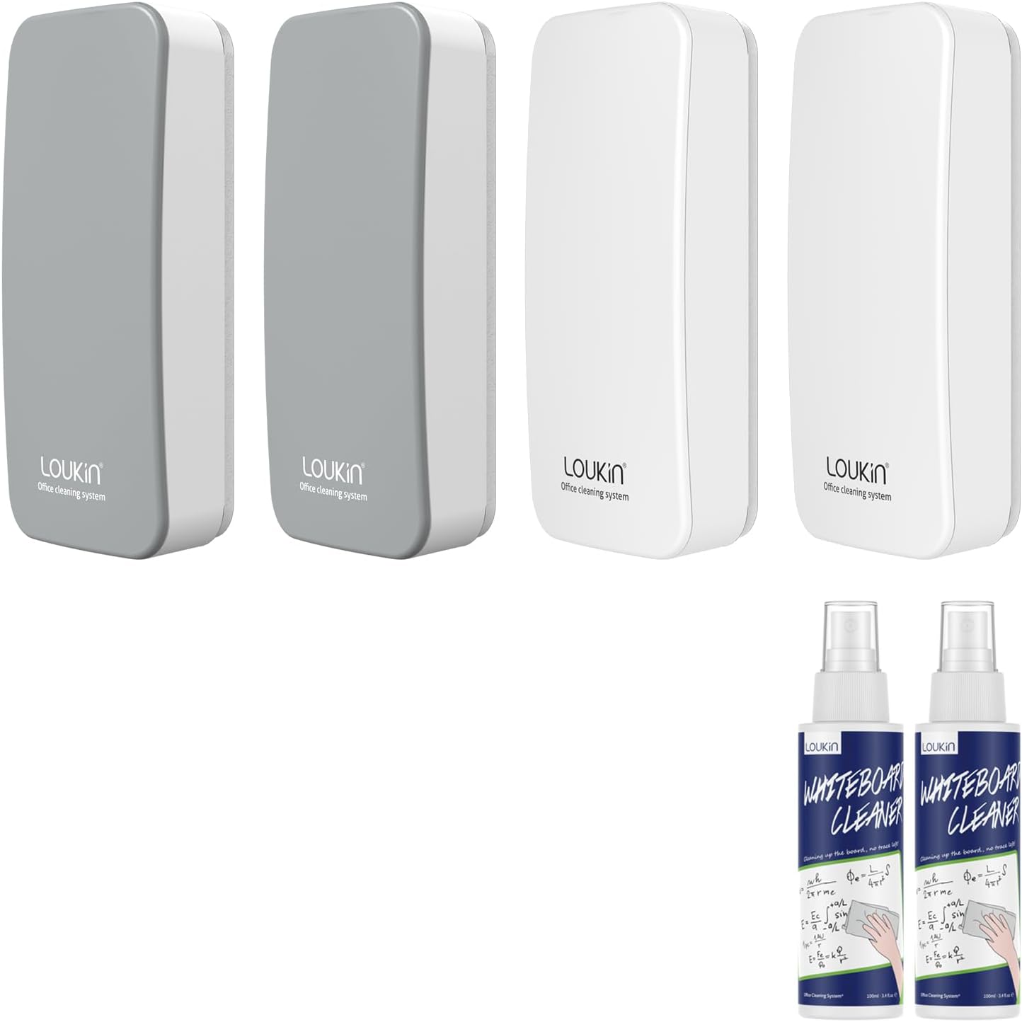loukin 4 Pack Magnetic Dry Erase Eraser, Whiteboard Eraser, Glass Board Remover, 3.4 fl oz Whiteboard Cleaner * 2 Included, for Classroom, Home and Office Use (Gray*2, White*2)